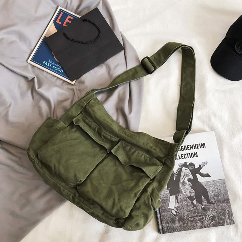 Gaxos Aesthetic Cute Messenger Bag For School Vintage Green Canvas Crossbody For Women Shoulder Laptop Bag - Image 2